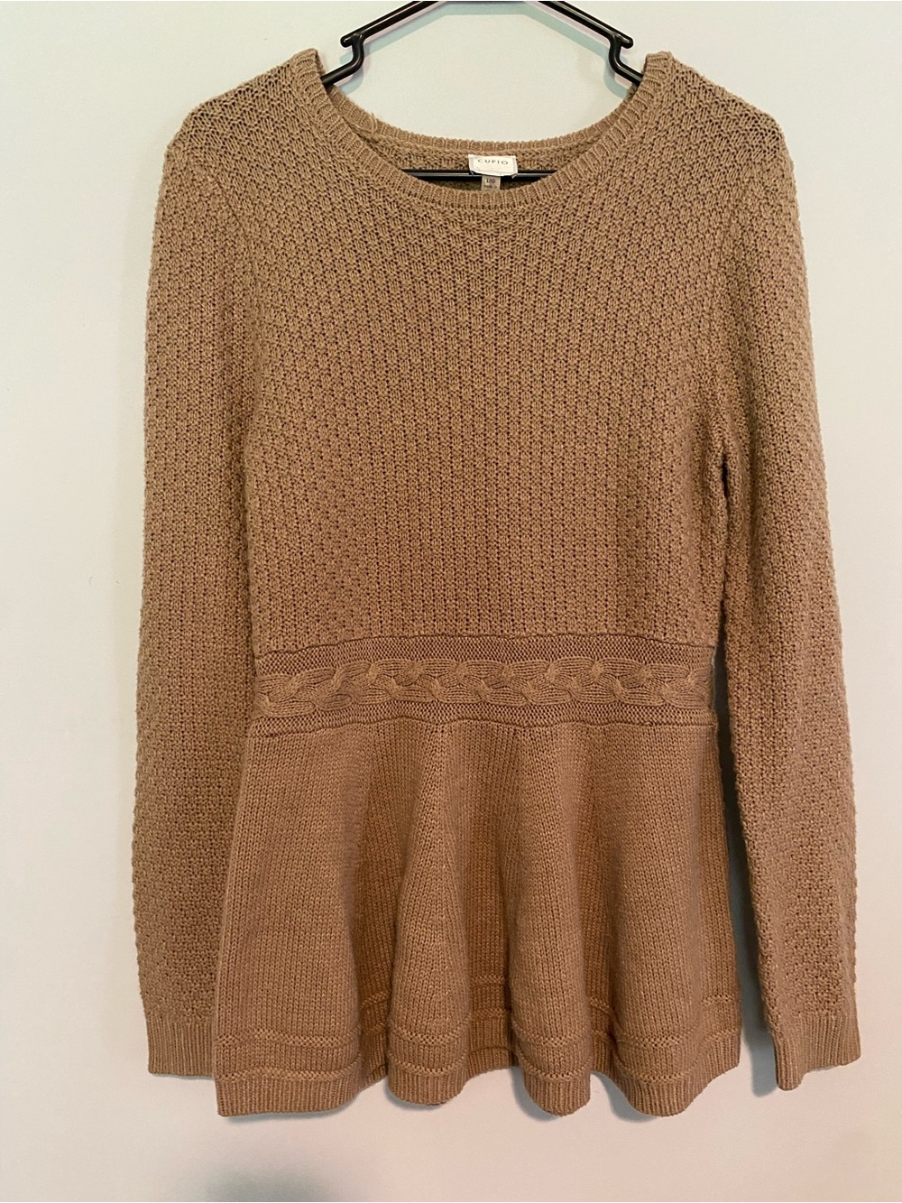 CUPIO Tan Cable Knit Peplum Sweater Top Size Large / L/G Long Sleeve Camel Brown
